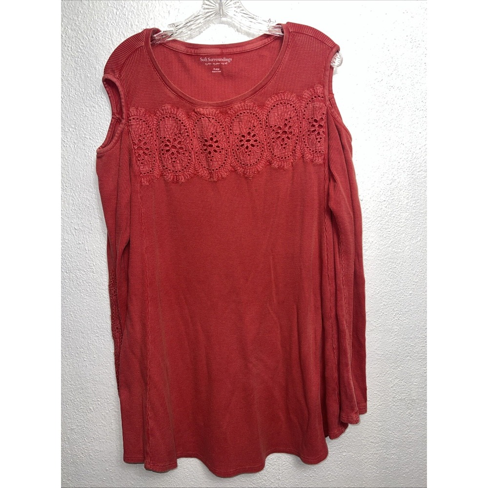 Soft Surroundings Shirt Red Embroidery Cold Shoulder Hippie Tunic Thermal Top XL